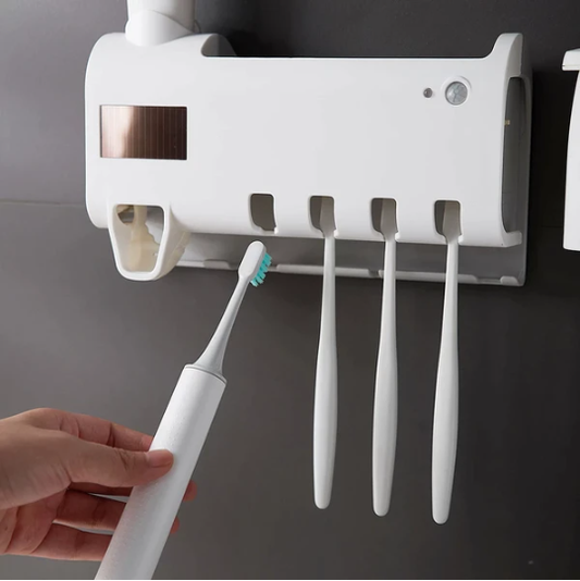 UV Light Sterilizer Toothbrush Holder Cleaner & Automatic Toothpaste Dispenser