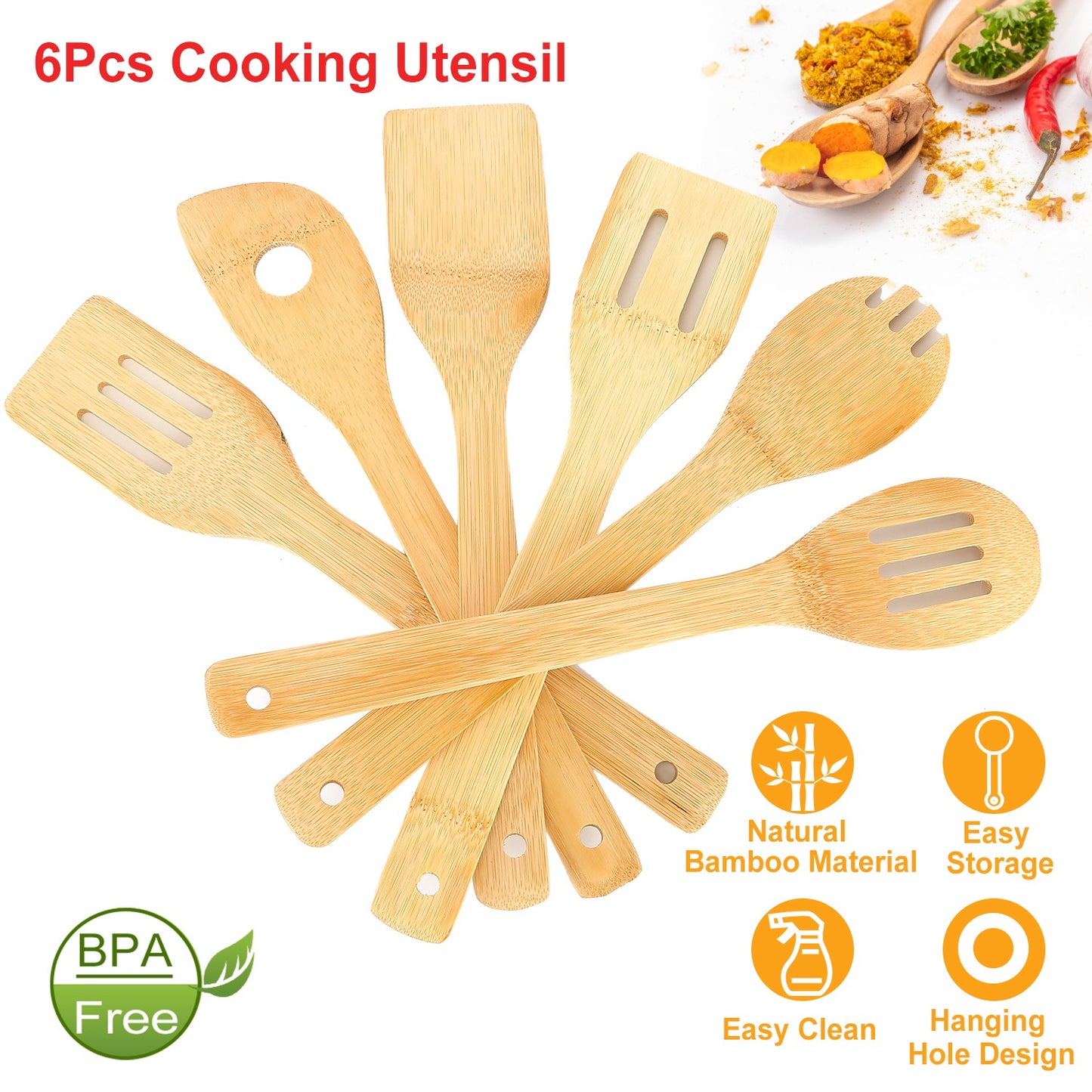 6 Pcs of Bamboo Wooden Spoons, Nonstick Wooden Cookware, Kitchen Gadgets