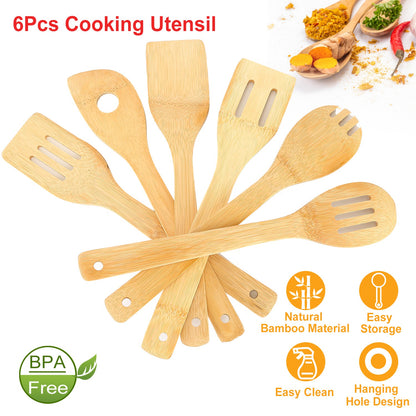 6 Pcs of Bamboo Wooden Spoons, Nonstick Wooden Cookware, Kitchen Gadgets