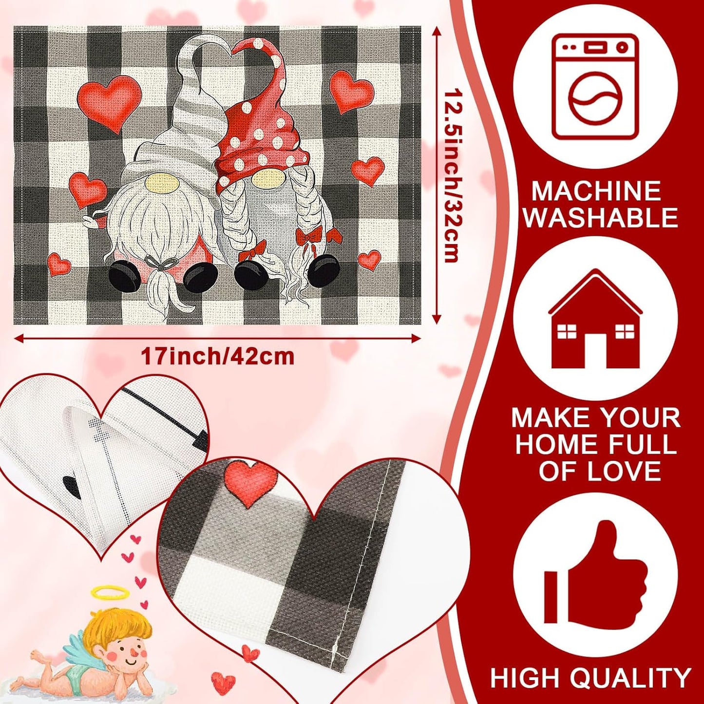 Heart & Gnome Valentine Placemats – Set of 4 for Family Gatherings