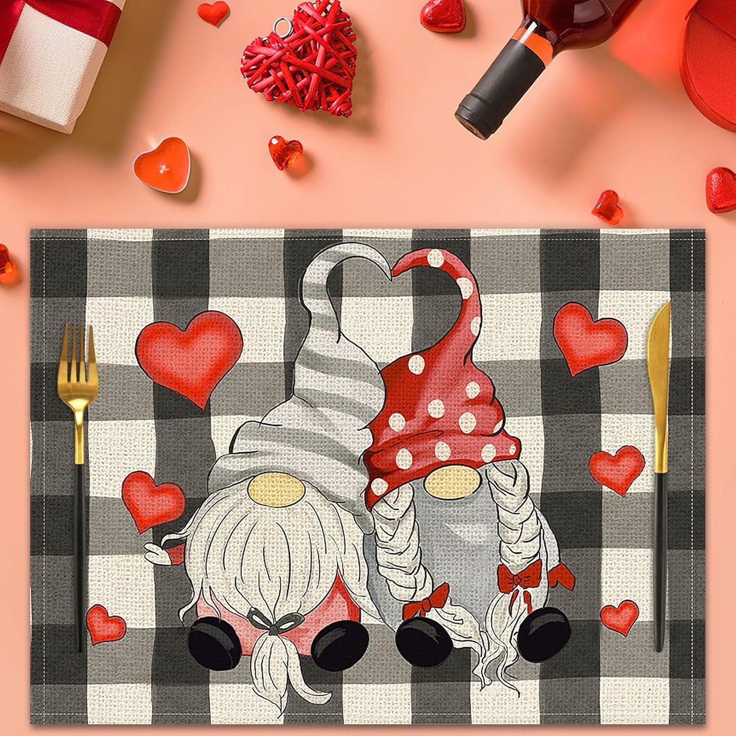 Heart & Gnome Valentine Placemats – Set of 4 for Family Gatherings