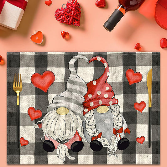 Heart & Gnome Valentine Placemats – Set of 4 for Family Gatherings