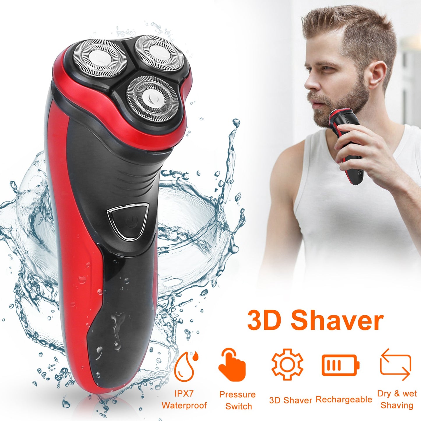 Electric Shaver Razor For Men IPX7 Waterproof Beard Trimmer 3D Rechargeable