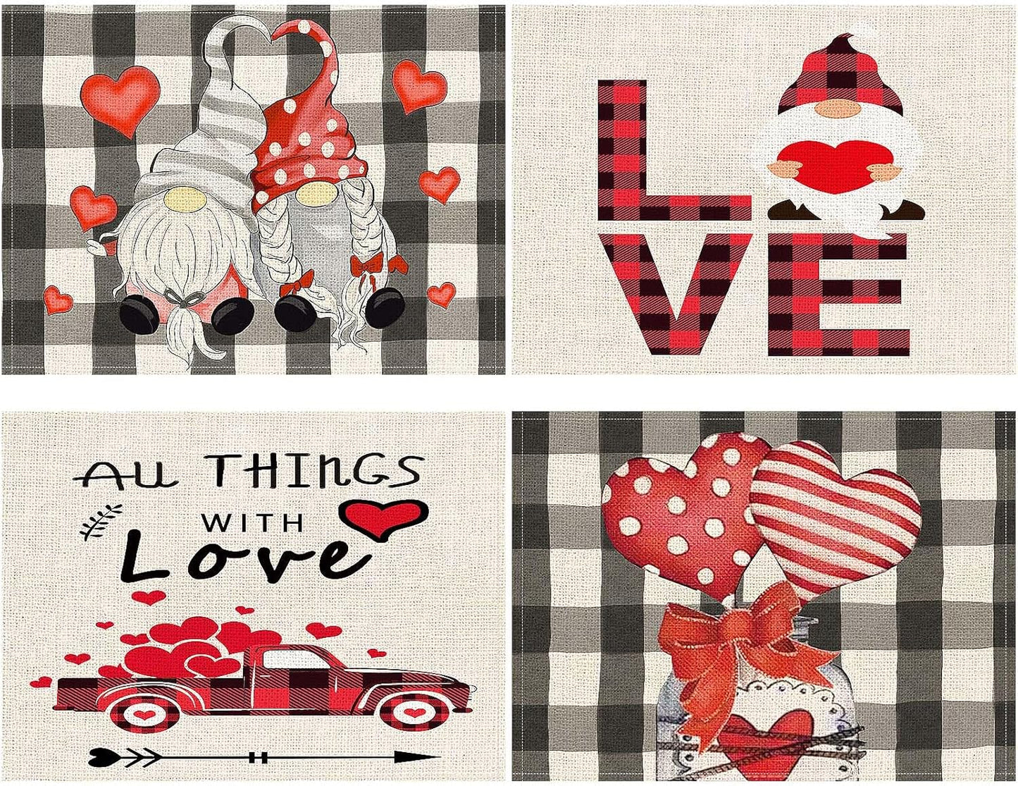 Heart & Gnome Valentine Placemats – Set of 4 for Family Gatherings