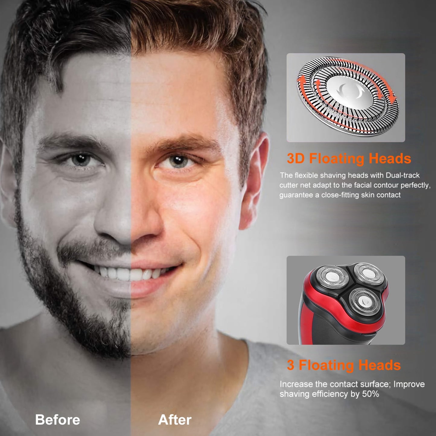 Electric Shaver Razor For Men IPX7 Waterproof Beard Trimmer 3D Rechargeable