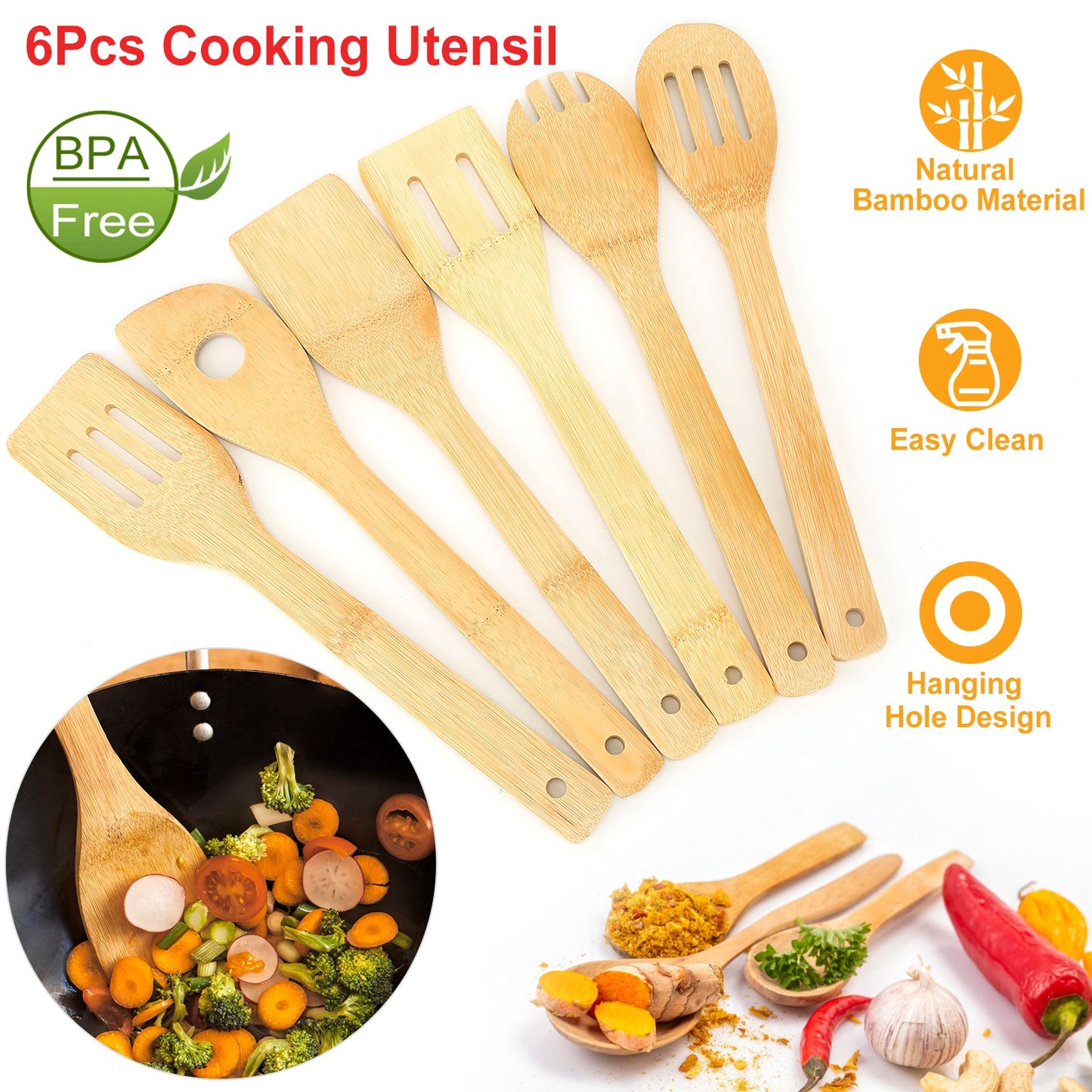 6 Pcs of Bamboo Wooden Spoons, Nonstick Wooden Cookware, Kitchen Gadgets