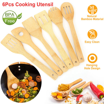 6 Pcs of Bamboo Wooden Spoons, Nonstick Wooden Cookware, Kitchen Gadgets